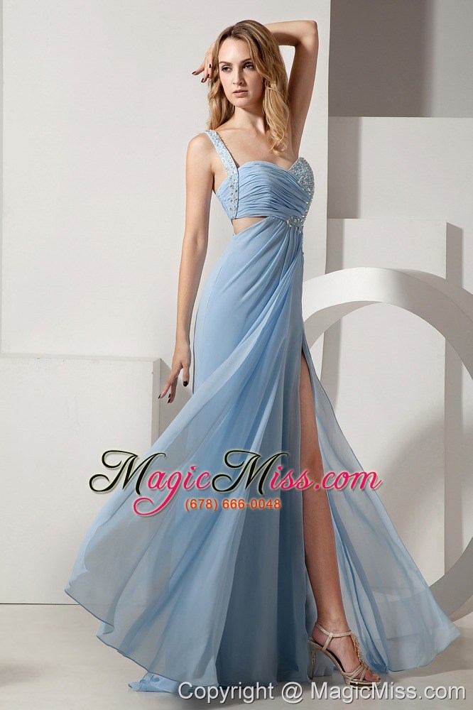 wholesale light blue prom dress empire one shoulder brush train chiffon and elastic woven satin beading and ruch