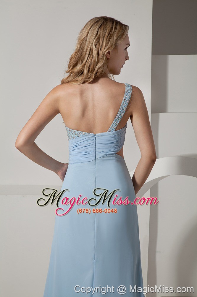 wholesale light blue prom dress empire one shoulder brush train chiffon and elastic woven satin beading and ruch