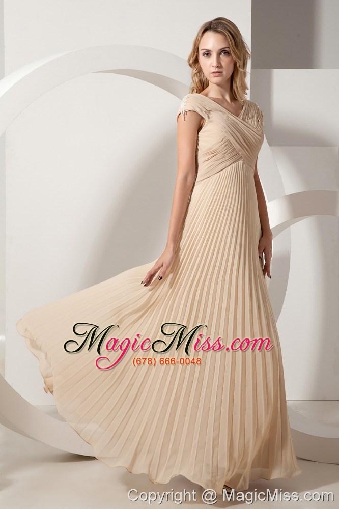 wholesale champagne column v-neck floor-length chiffon pleat prom dress