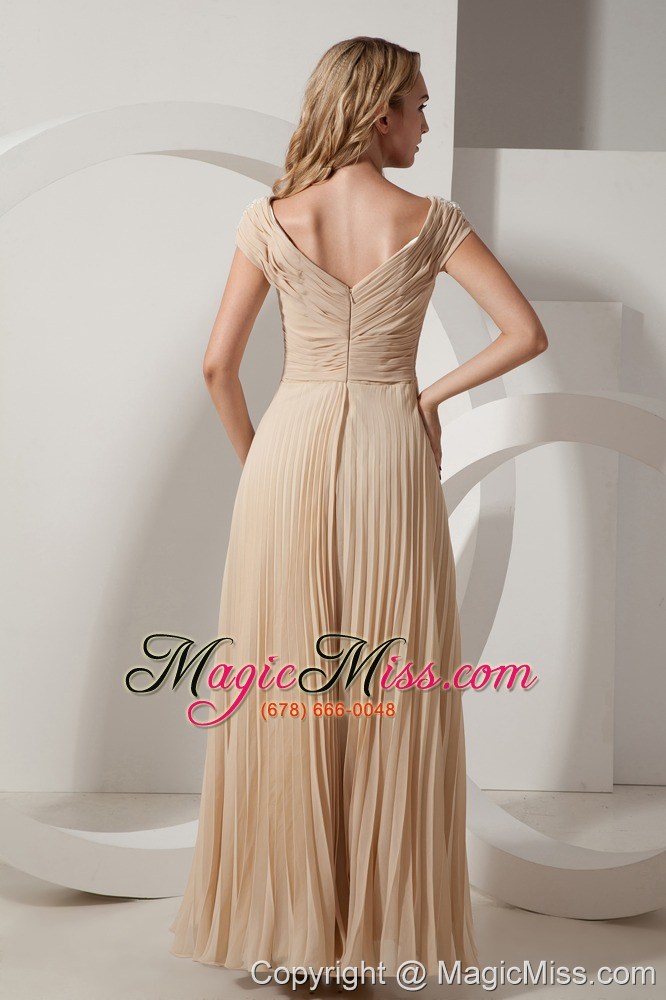 wholesale champagne column v-neck floor-length chiffon pleat prom dress