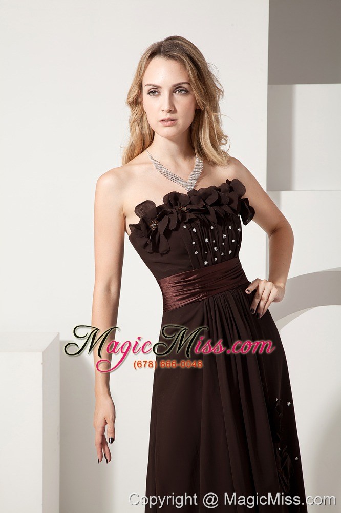 wholesale brown column strapless brush train chiffon beading and hand made flowers prom / evening dress