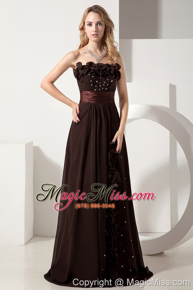 wholesale brown column strapless brush train chiffon beading and hand made flowers prom / evening dress