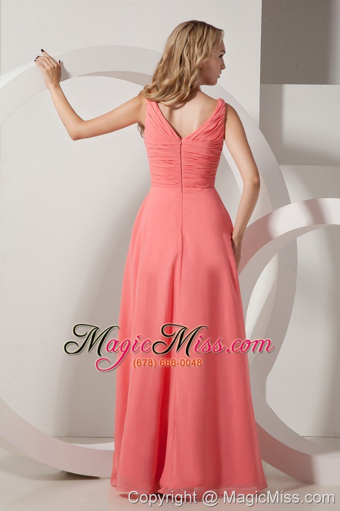 wholesale watermelon red empire v-neck floor-length chiffon beading prom dress