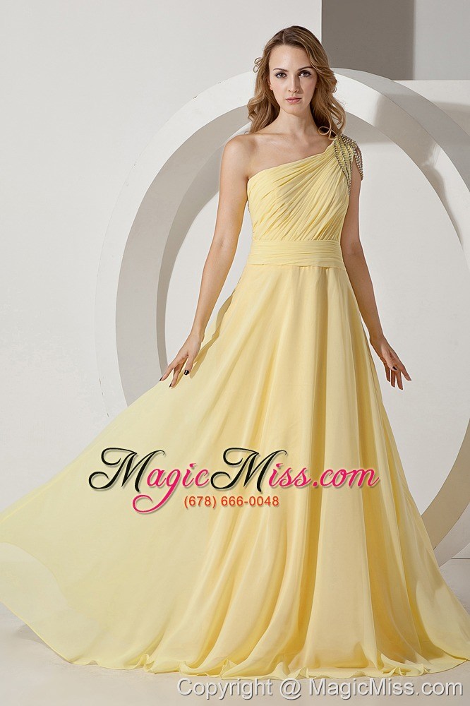 wholesale light yellow empire one shoulder brush train chiffon beading prom dress