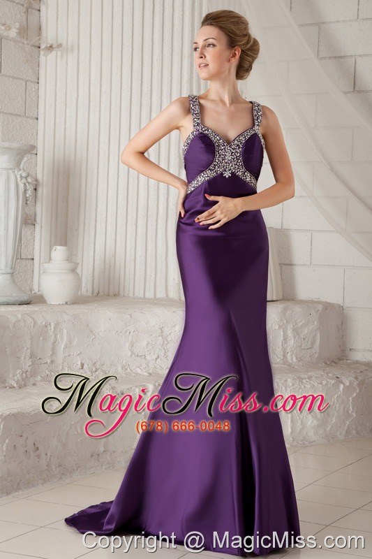 wholesale eggplant purple mermaid straps brush train taffeta beading prom dress
