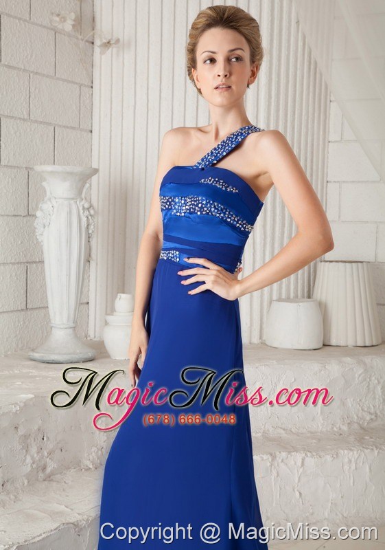 wholesale blue column one shoulder brush train chiffon and taffeta beading prom dress
