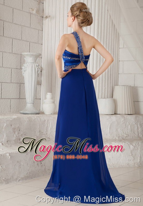 wholesale blue column one shoulder brush train chiffon and taffeta beading prom dress