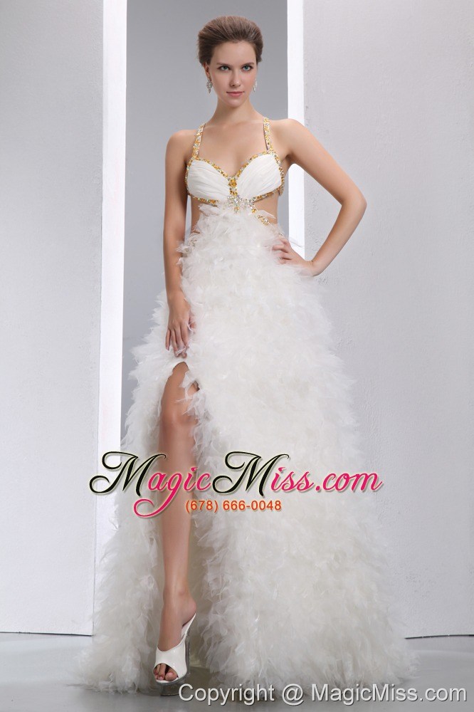 wholesale white a-line spaghetti straps floor-length organza beading prom dress