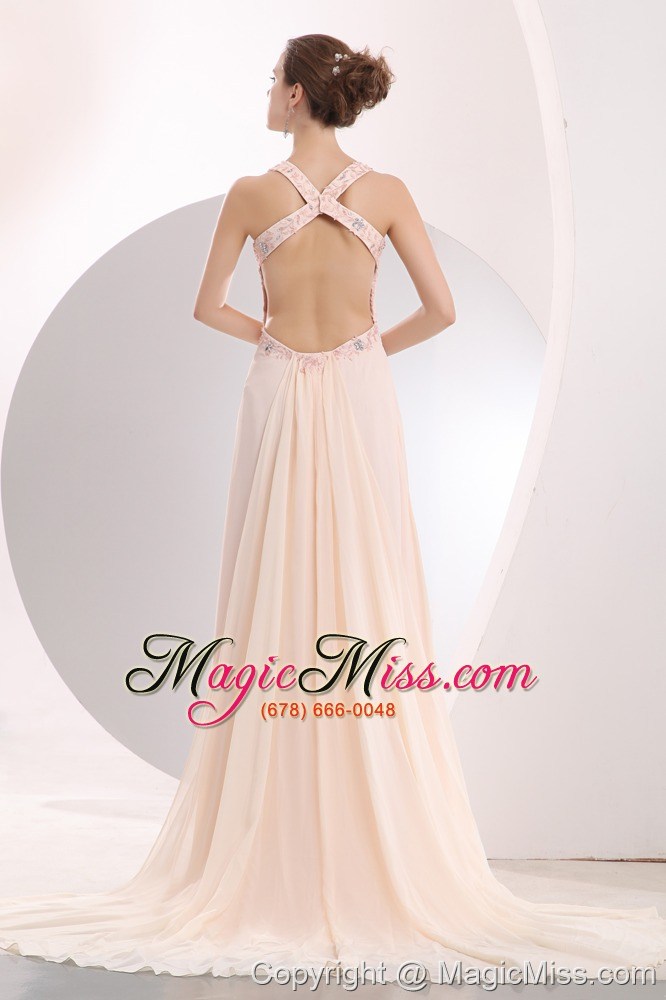 wholesale light pink empire straps watteau train chiffon appliques prom / evening dress