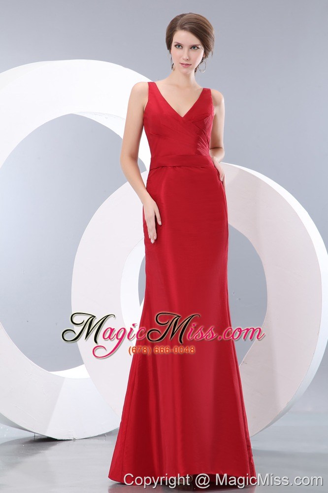 wholesale red column v-neck floor-length taffeta ruch prom / evening dress