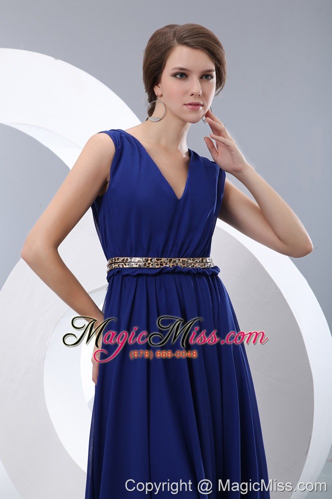 wholesale blue empire v-neck brush train chiffon belt prom / evening dress