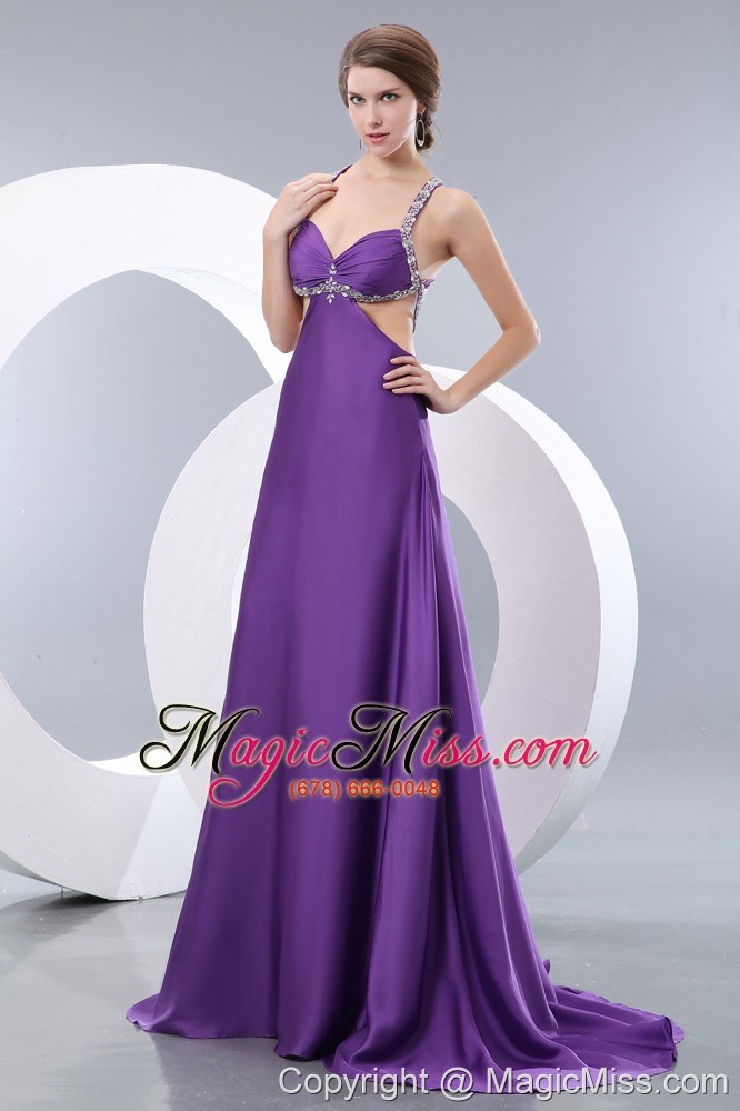 wholesale purple empire straps brush train elastic woven satin beading prom / evening dress