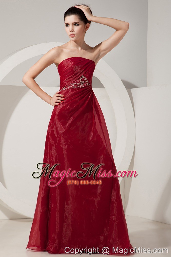 wholesale cheap wine red prom dress empire strapless beading floor-length organza