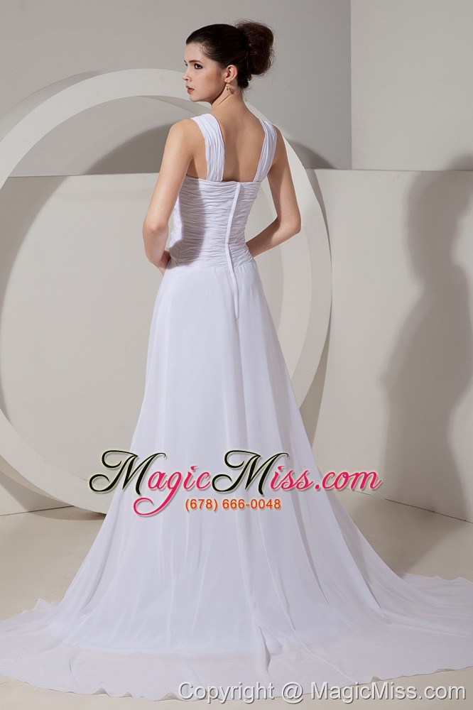 wholesale sexy white prom dres wide straps brush train chiffon beading and ruch column / sheath