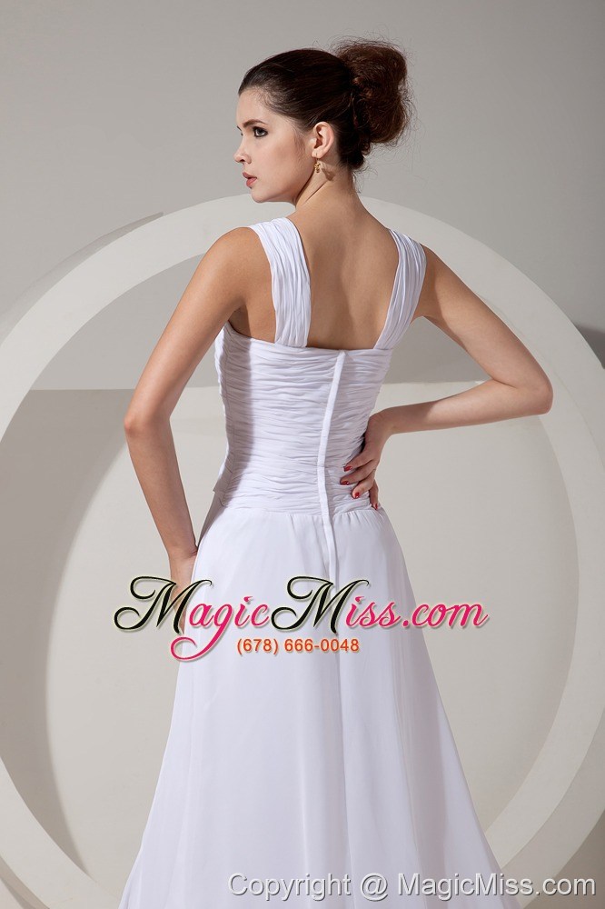 wholesale sexy white prom dres wide straps brush train chiffon beading and ruch column / sheath