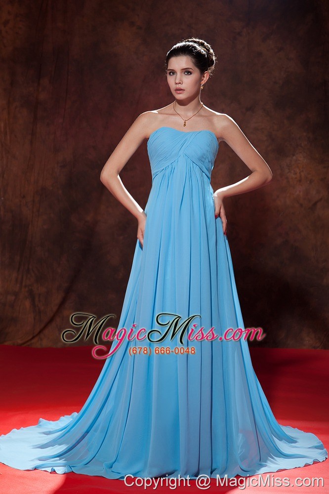 wholesale teal empire strapless court tain chiffon ruch prom dress