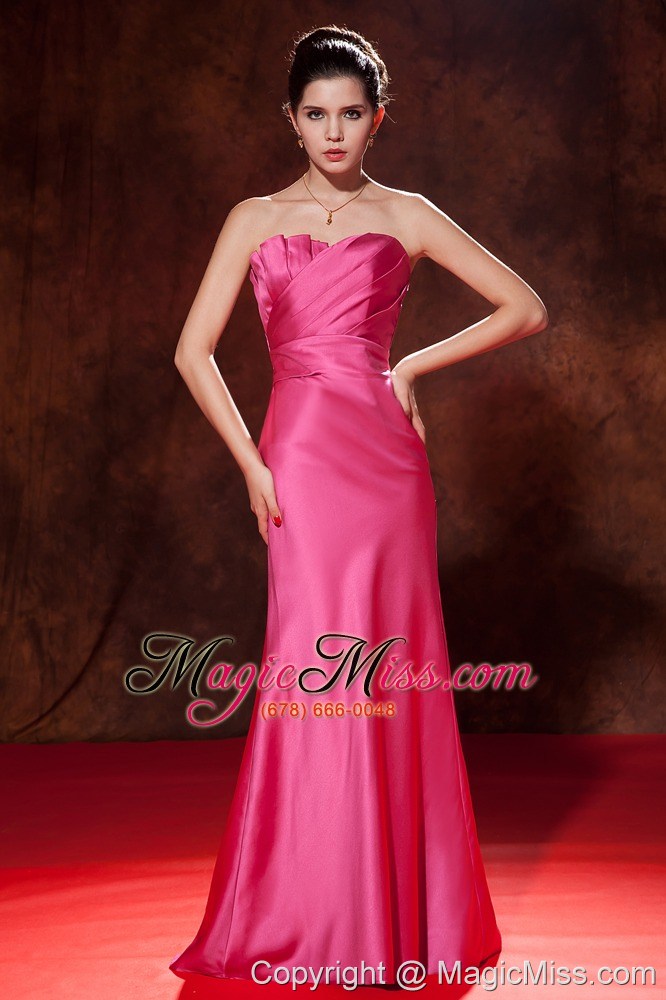 wholesale hot pink mermaid strapless brush train satin ruch prom dress