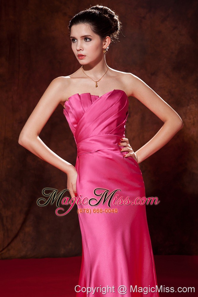 wholesale hot pink mermaid strapless brush train satin ruch prom dress