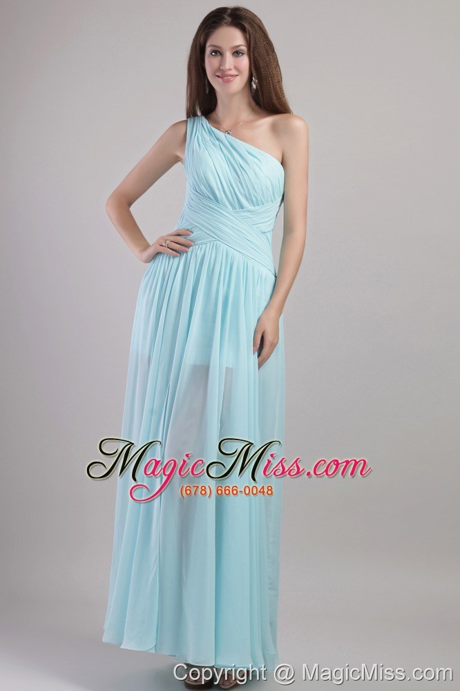 wholesale light blue empire one shoulder ankle-length chiffon ruch prom dress