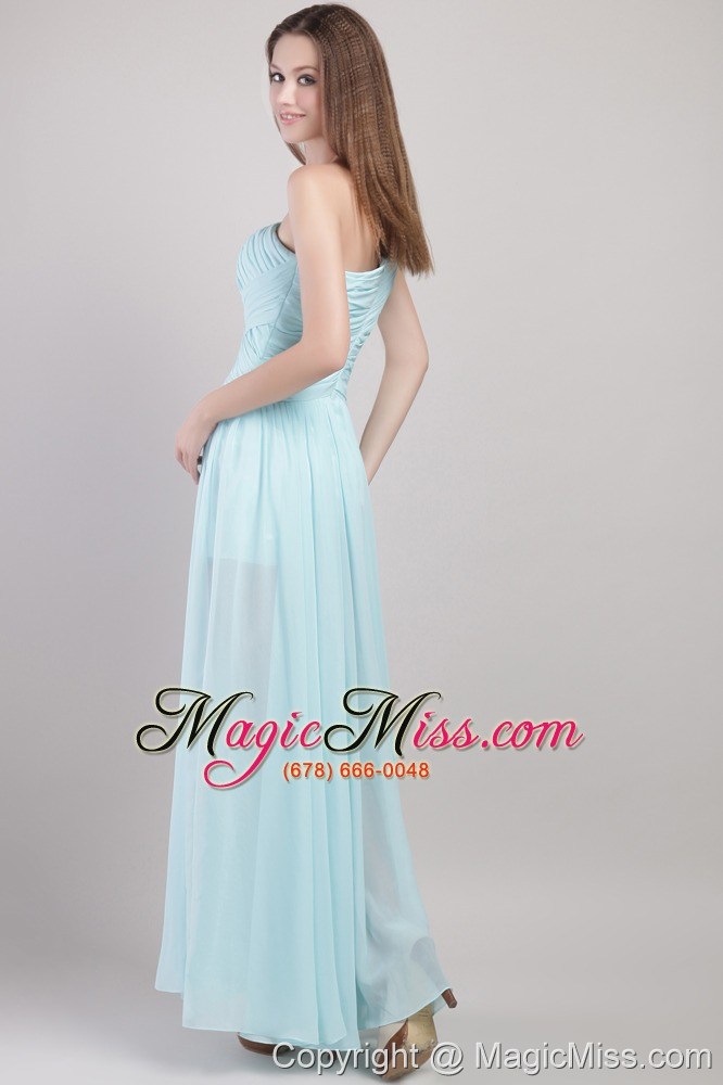 wholesale light blue empire one shoulder ankle-length chiffon ruch prom dress