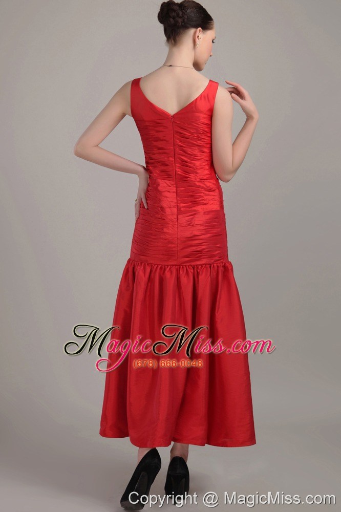 wholesale red column / sheath v-neck tea-length taffeta prom dress