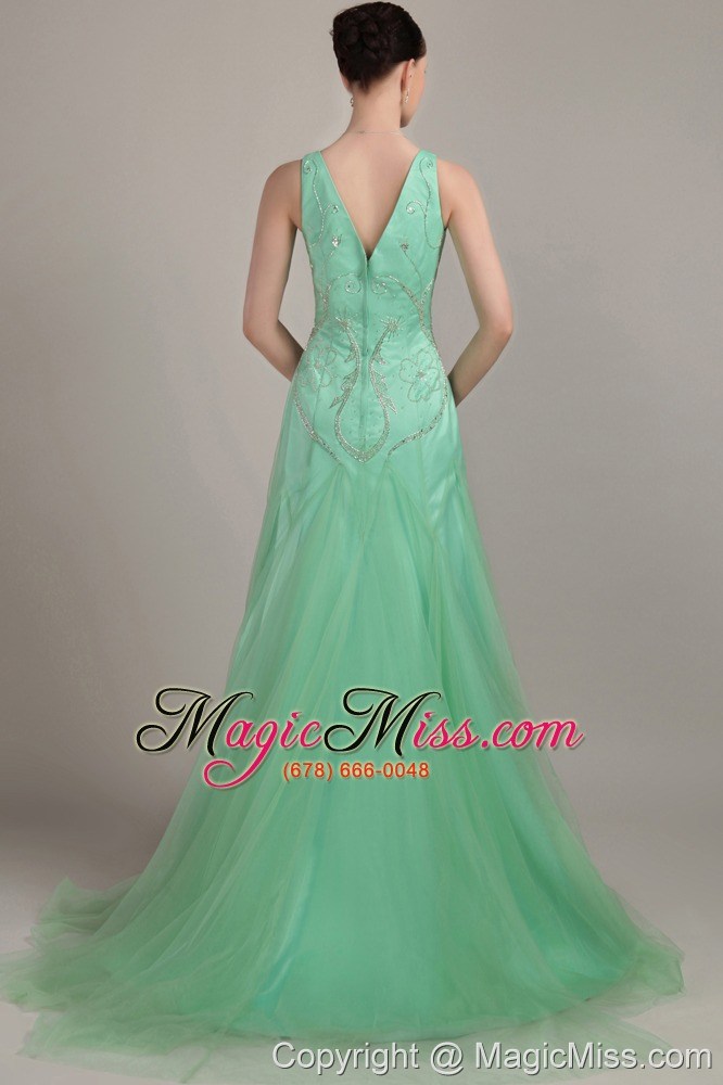 wholesale apple green empire v- neck brush / sweep tulle beading prom dress