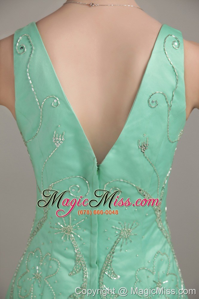 wholesale apple green empire v- neck brush / sweep tulle beading prom dress