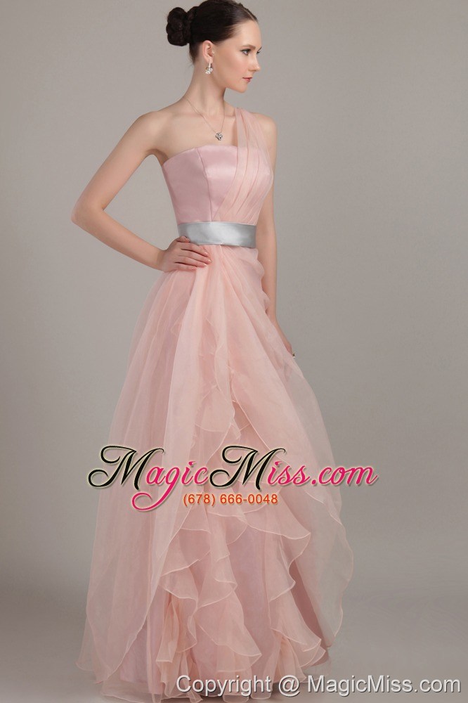 wholesale light pink column / sheath one shoulder floor-length organza ruffles prom dress