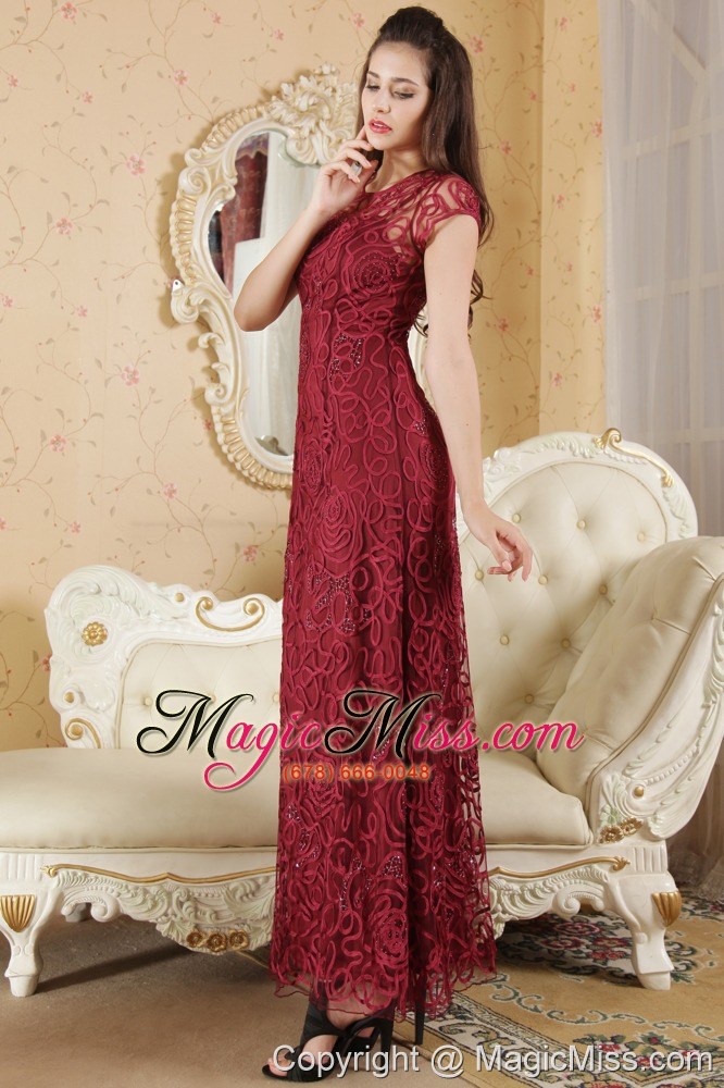 wholesale wine red column bateau ankle-length beading prom / evening dress
