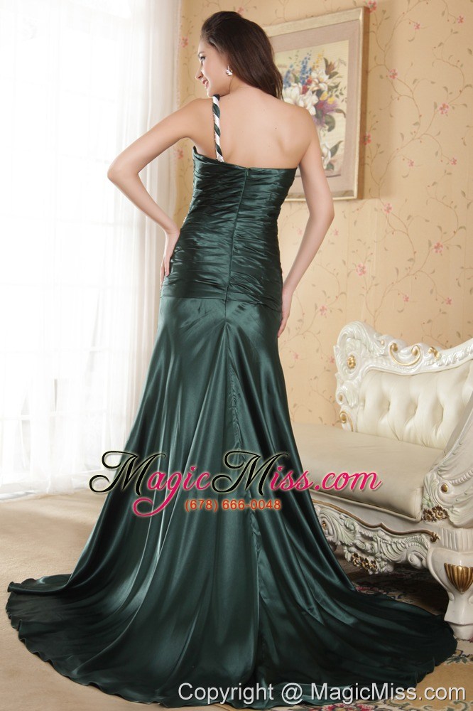 wholesale dark green column one shoulder court train elastic woven satin ruch prom dress