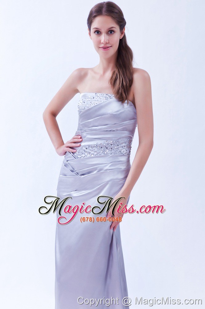 wholesale lilac column strapless brush train beading elastic wove satin beading prom dress