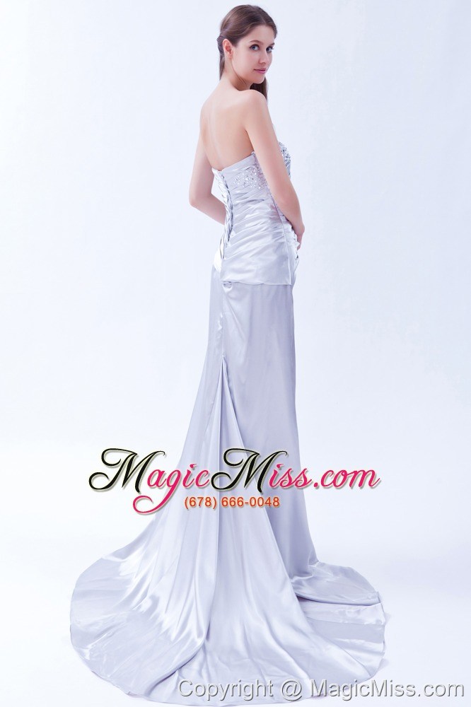 wholesale lilac column strapless brush train beading elastic wove satin beading prom dress