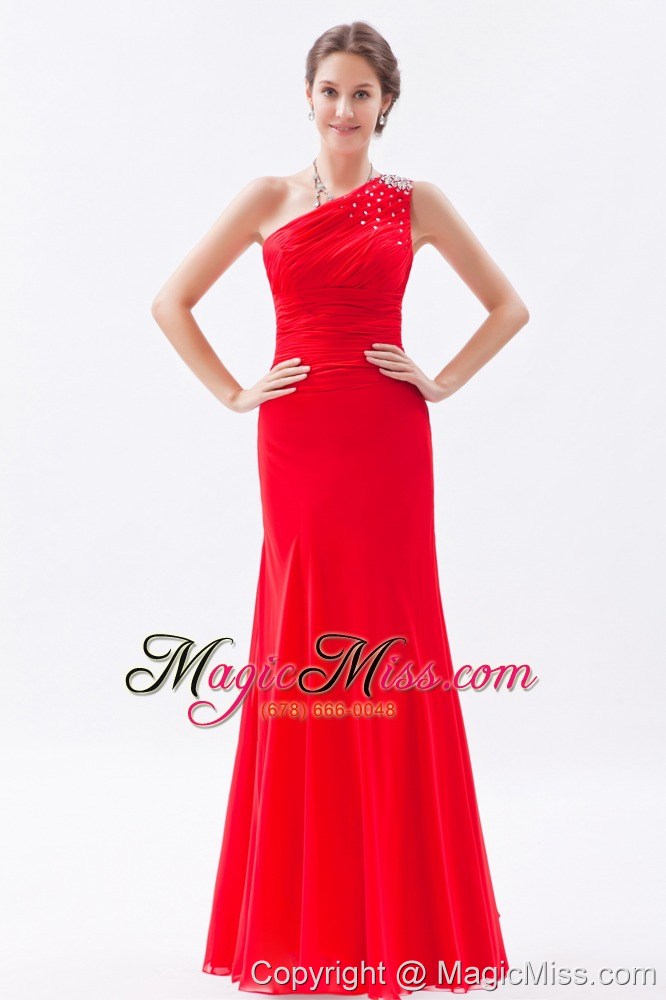 wholesale red column / sheath one shoulder floor-length chiffon beading prom dress