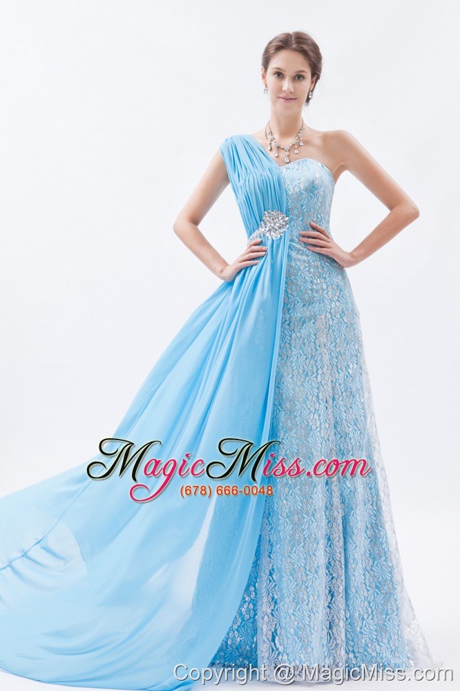 wholesale baby blue empire one shoulder brush train chiffon and lace beading prom dress