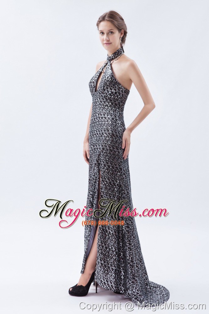 wholesale sliver column / sheath high-neck brush train sequin prom dress