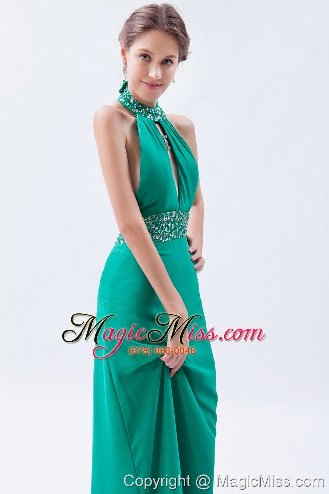 wholesale turquoise column / sheath high-neck floor-length chiffon beading prom dress