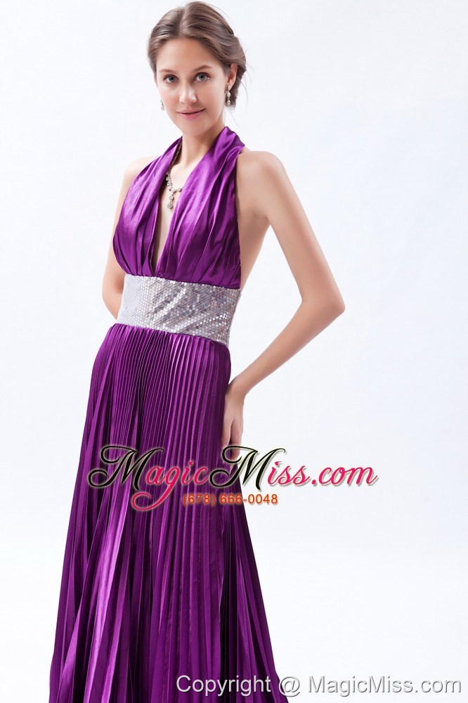 wholesale purple a-line / princess halter court train elastic woven satin and sequin pleat prom dress