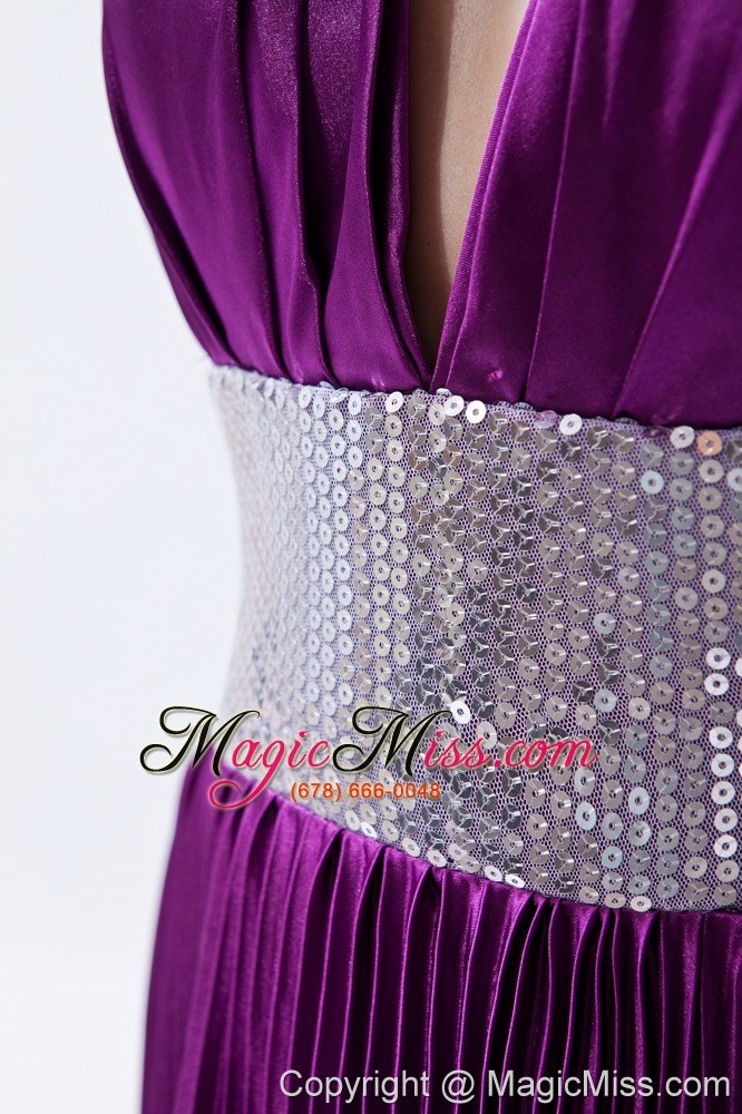 wholesale purple a-line / princess halter court train elastic woven satin and sequin pleat prom dress