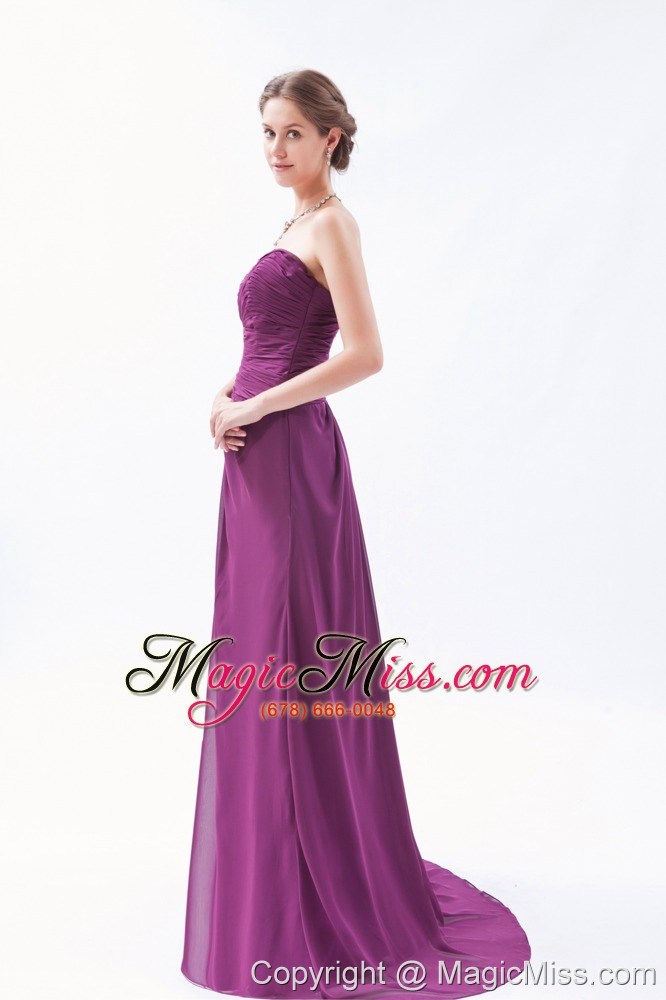 wholesale dark purple empire sweetheart brush train chiffon ruch prom dress