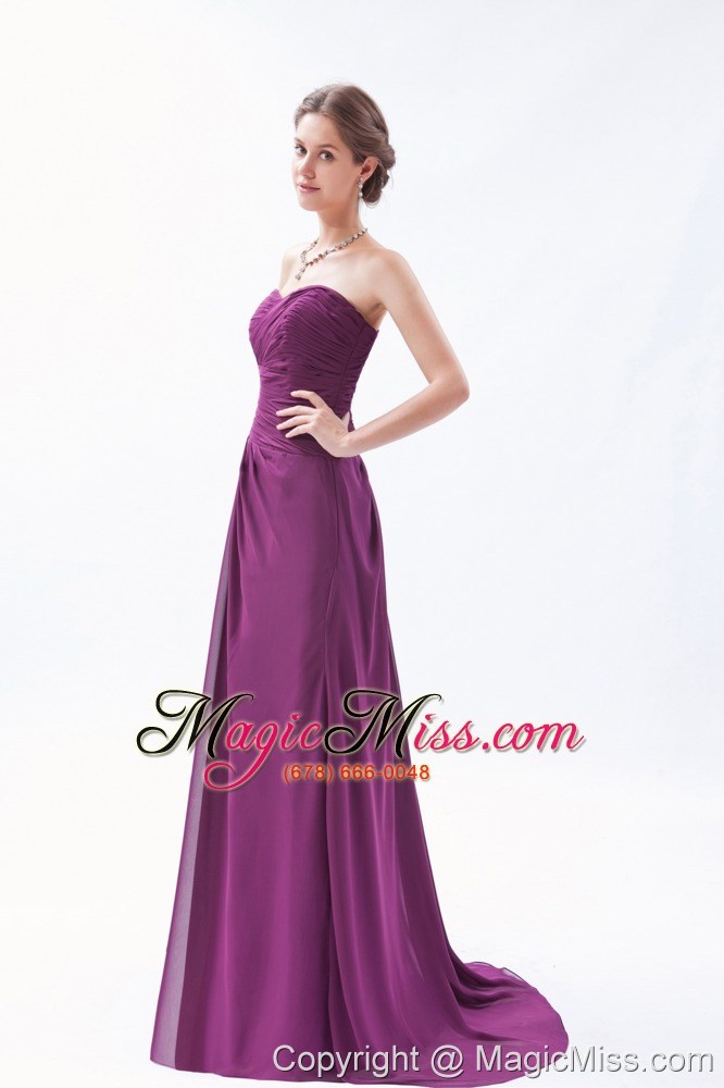 wholesale dark purple empire sweetheart brush train chiffon ruch prom dress