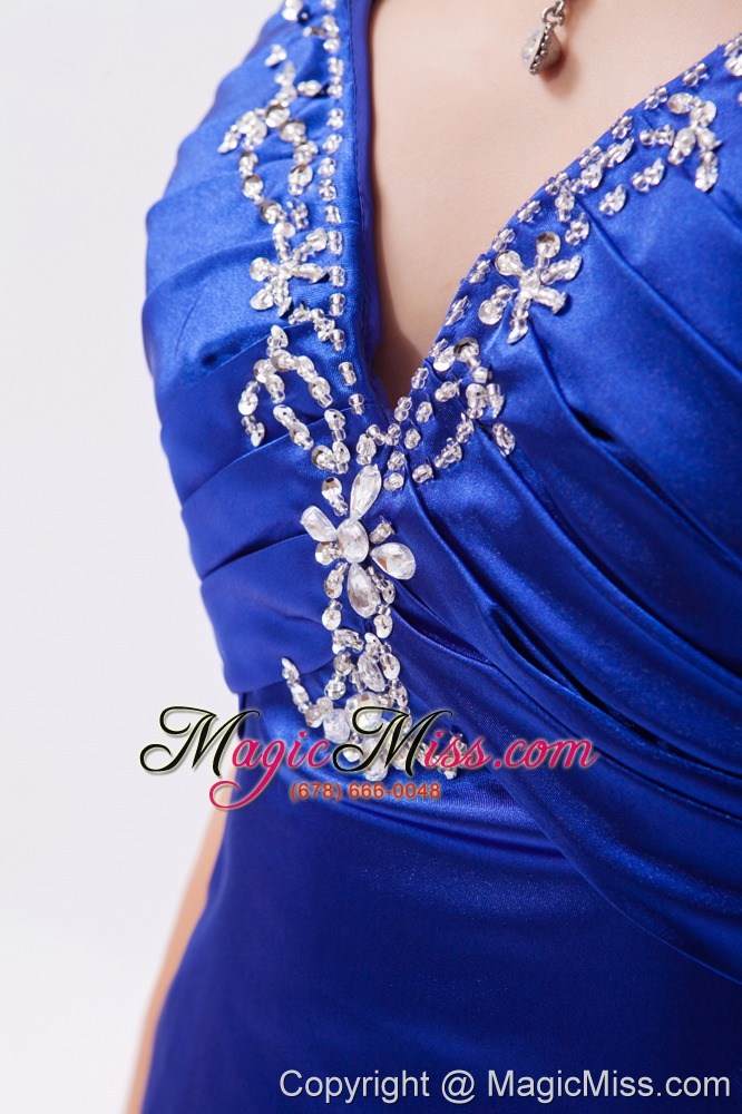 wholesale royal blue column / sheath straps brush train satin embroidery with beading prom dress