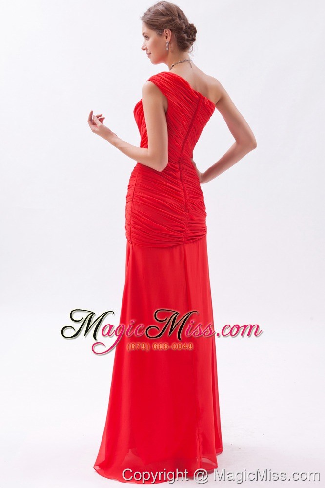 wholesale red column / sheath one shoulder floor-length chiffon ruch prom dress