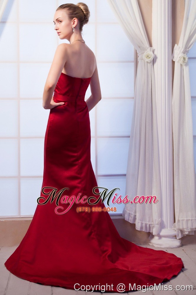 wholesale wine red column strapless brush train taffeta beading prom dress