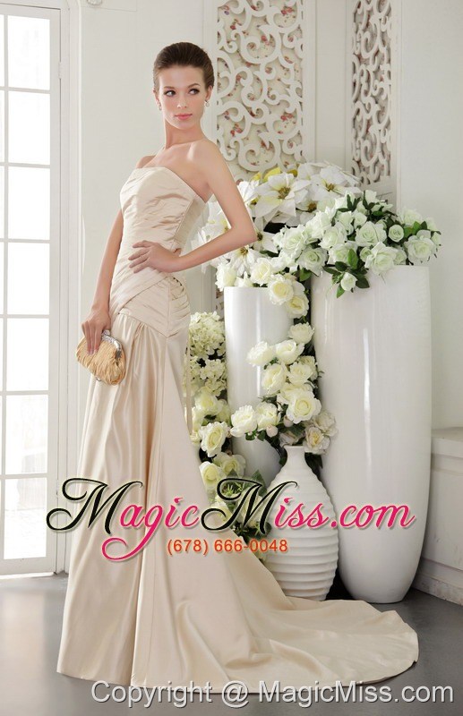 wholesale champagne column / sheath strapless brush /sweep taffeta pleat and beading bridesmaid dress