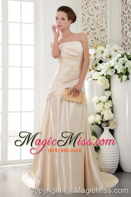 wholesale champagne column / sheath strapless brush /sweep taffeta pleat and beading bridesmaid dress