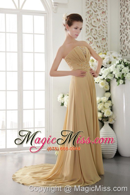 wholesale gold empire strapless brush train chiffon appliques and ruch prom / graduation dress