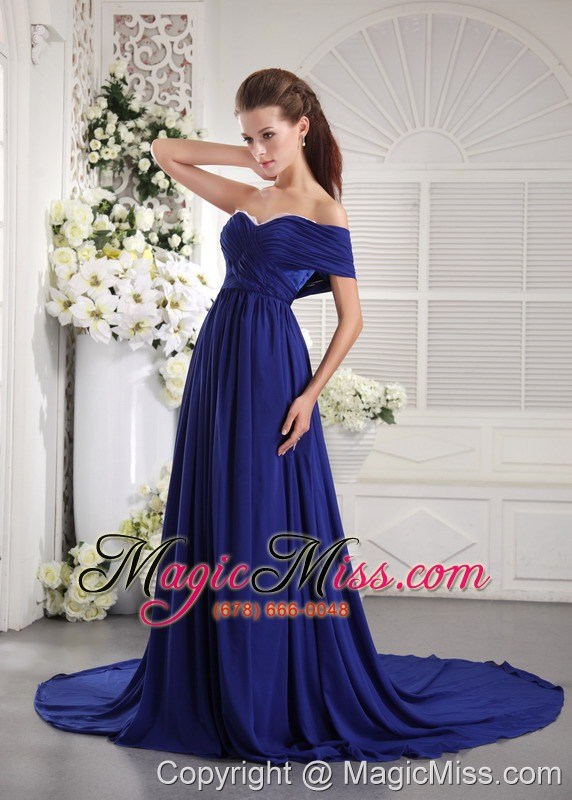 wholesale blue empire one shoulder brush train chiffon ruch prom / graduation dress