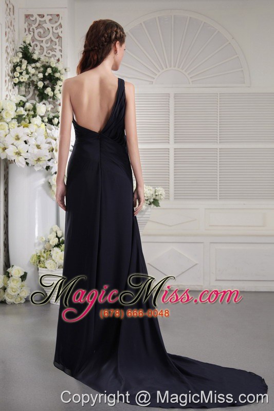 wholesale black column one shoulder brush train chiffon ruch prom / graduation dress