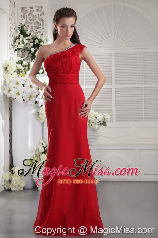 wholesale red column one shoulder floor-length chiffon beading and ruch prom / evening dress