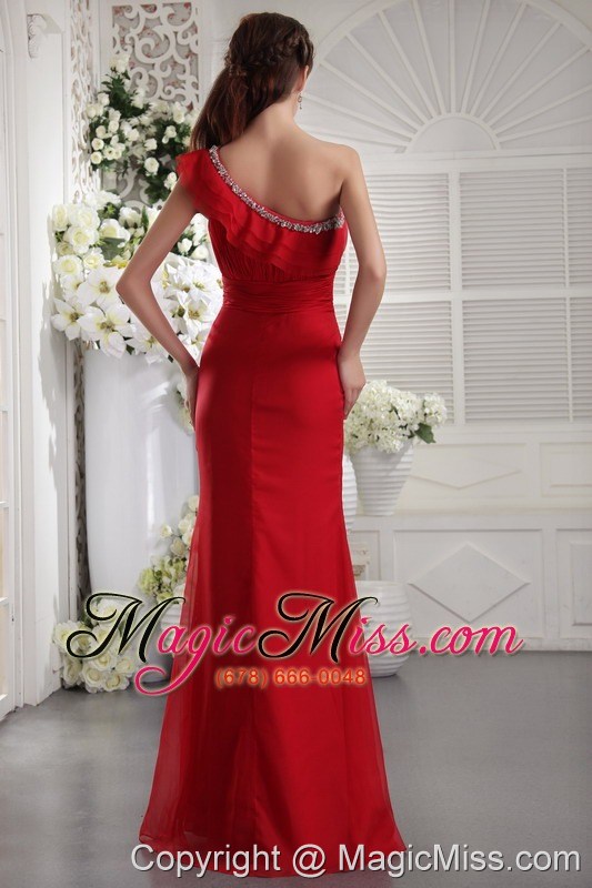 wholesale red column one shoulder floor-length chiffon beading and ruch prom / evening dress